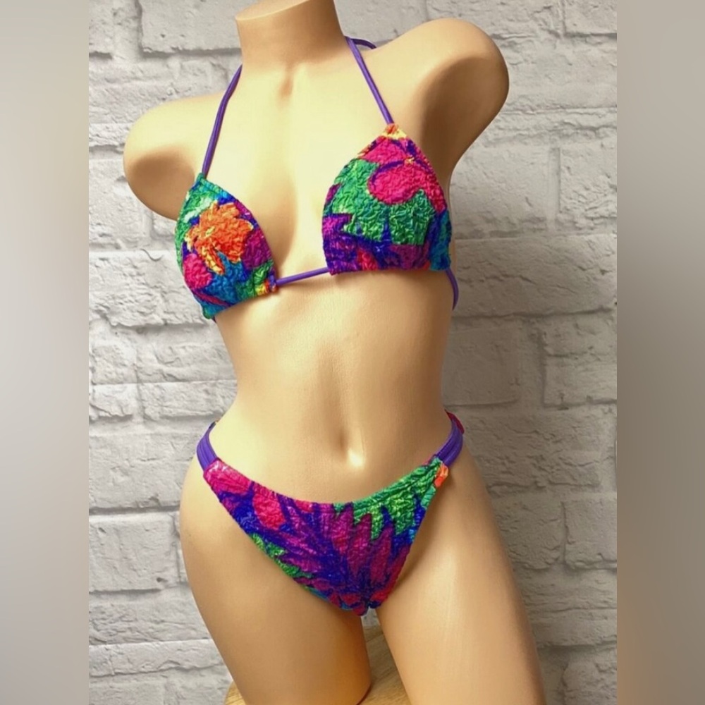 Vintage 90's Y2K Sassafras Tropical Pucker Knit String Bikini High Wasted!